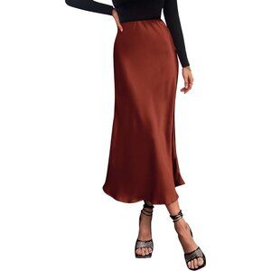 Women's Brown Fall High Waisted Cocktail Satin Flowy Elegant A Line Midi Skirt
